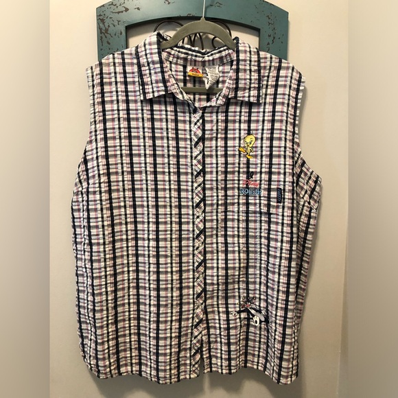 Vintage Looney Tunes Tweety Bird and Sylvester Embroidered Sleeveless Shirt - Picture 1 of 6